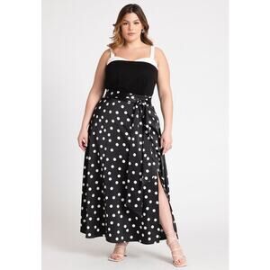 Eloquii Satin Black White Polka Dot Tie Waist Side Slit Maxi Skirt  Plus Size 18